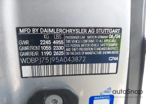 2005 Mercedes-Benz Cl 500 z USA, uszkodzony, nr VIN WDBPJ75J95A043872